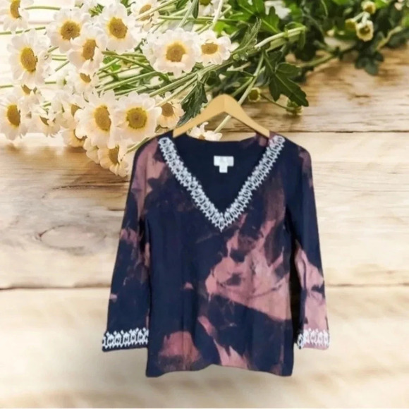 Tie Dye Boho‎ Grunge Beaded V Neck Top Women’s Medium Stretch Rayon Nylon - Picture 2 of 11